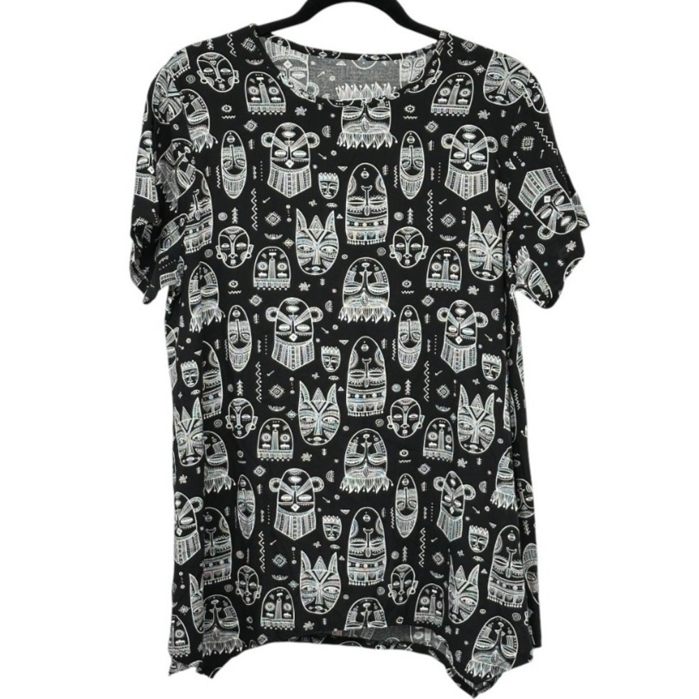 Black & White Graphic Print‎ Tunic Top - Tribal Mask Pattern - Women's One Size